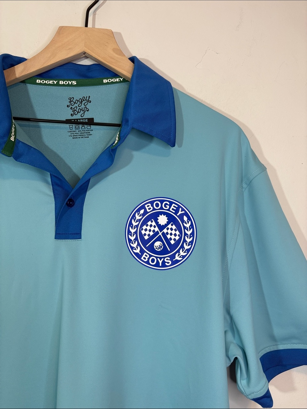 Aqua True Blue Contrast Collar Trim Bogey Boys Logo Crest Athletic Golf Polo XL